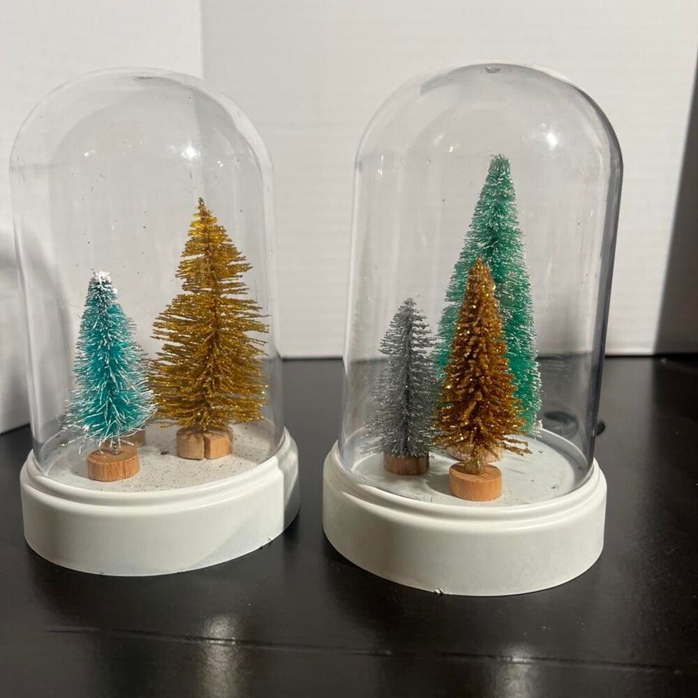 Set of 2 Bottle Brush Christmas Trees Clear Plastic Cloche Dome Holiday Decor